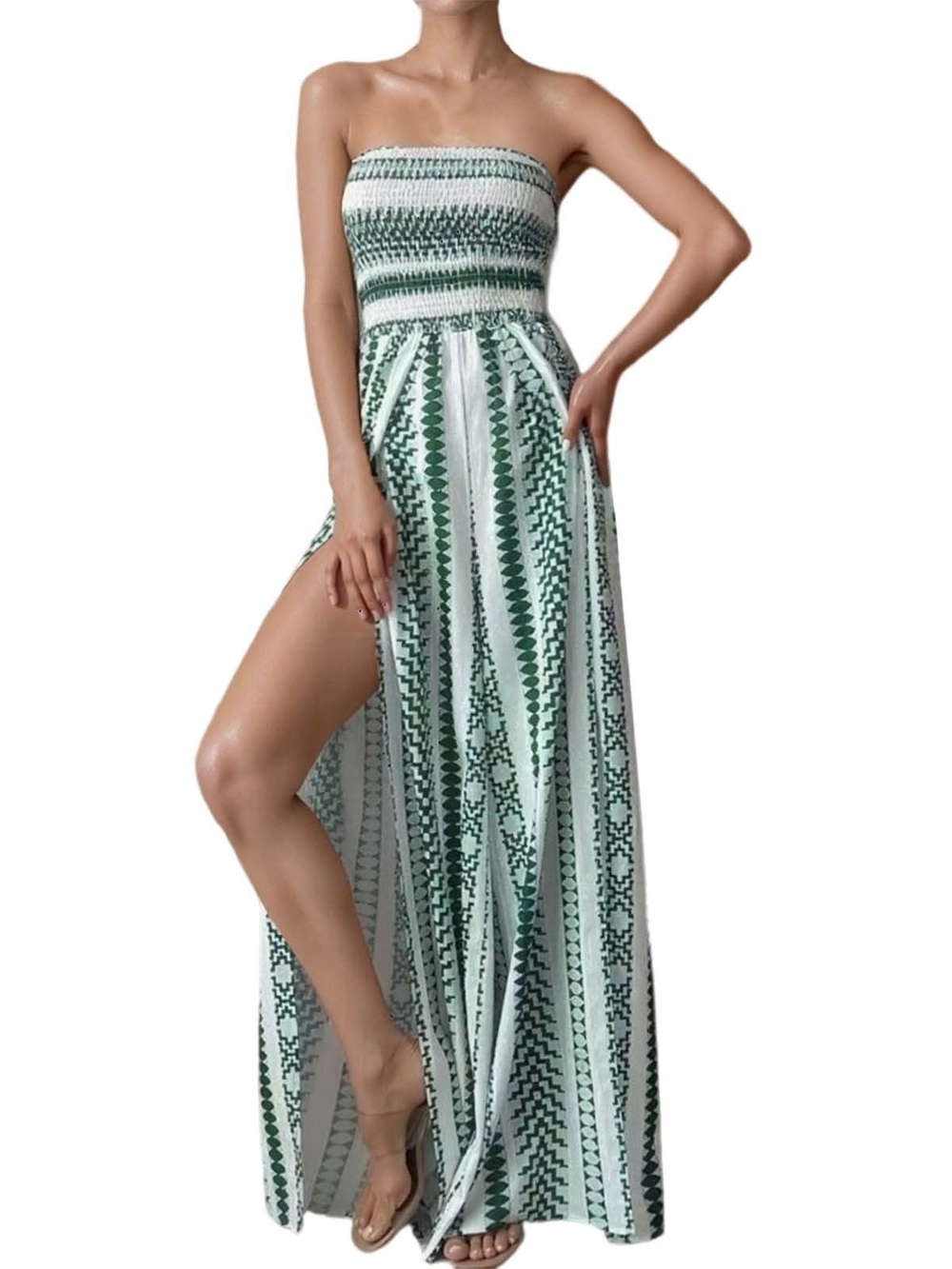 NWT Strapless Green & White High Slit Jumpsuit  (0076)